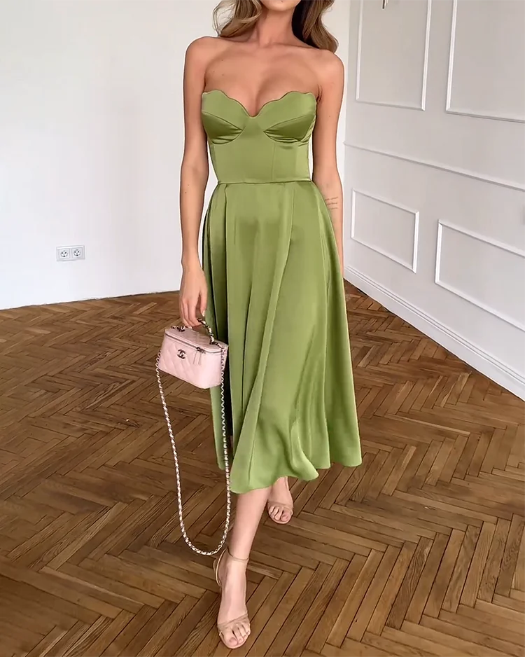 "Olive green strapless sweetheart midi dress with a flattering silhouette, perfect for any occasion."