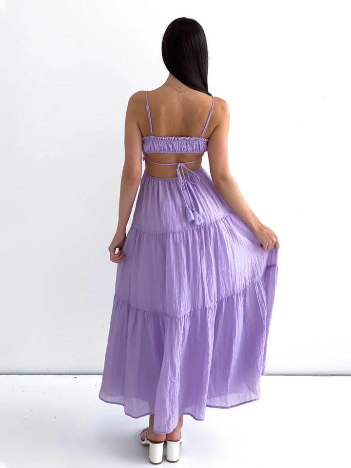 "Delila tiered maxi dress in light cotton with drawstring waist, perfect for a relaxed boho look."