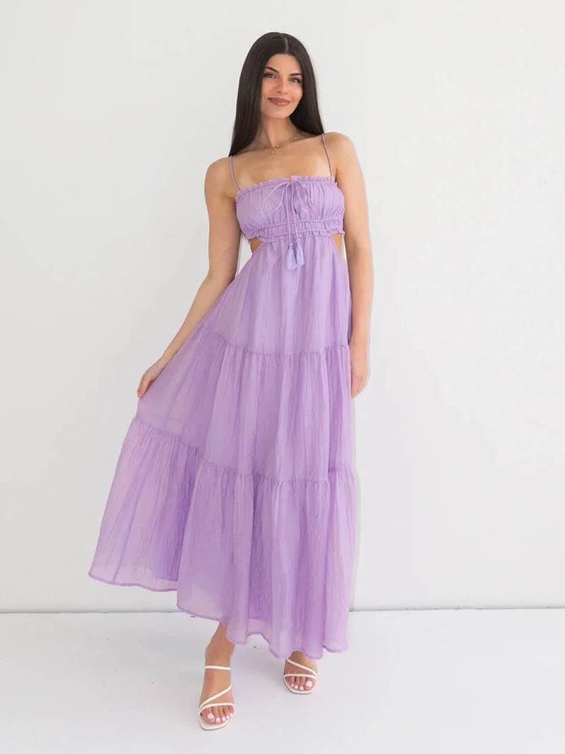 Purple tiered maxi dress with drawstring in flowy fabric, perfect for a casual chic look.