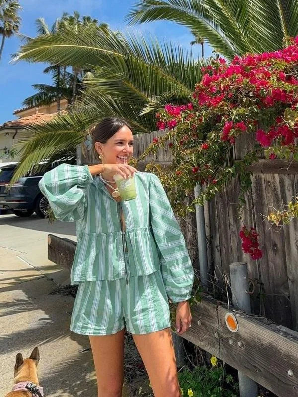 Green striped shorts and blouse summer outfit in delicate cotton blend. Perfect for casual days under the sun.