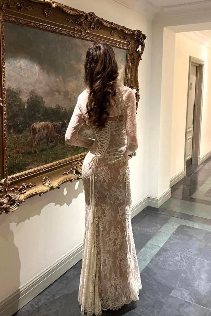White lace dress with sleeves in Desi style, perfect for effortless elegance.