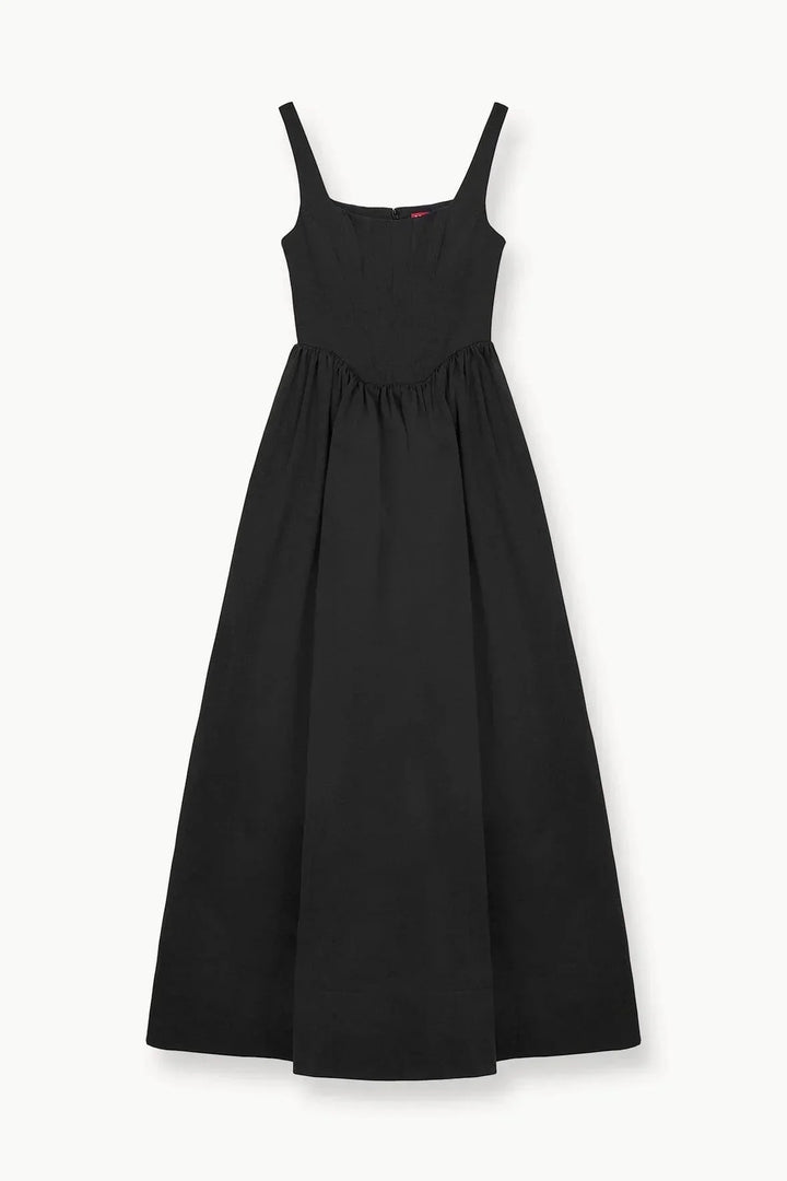 "Sleeveless black midi dress with square neckline, perfect for chic occasions. Made of soft, durable fabric for a…