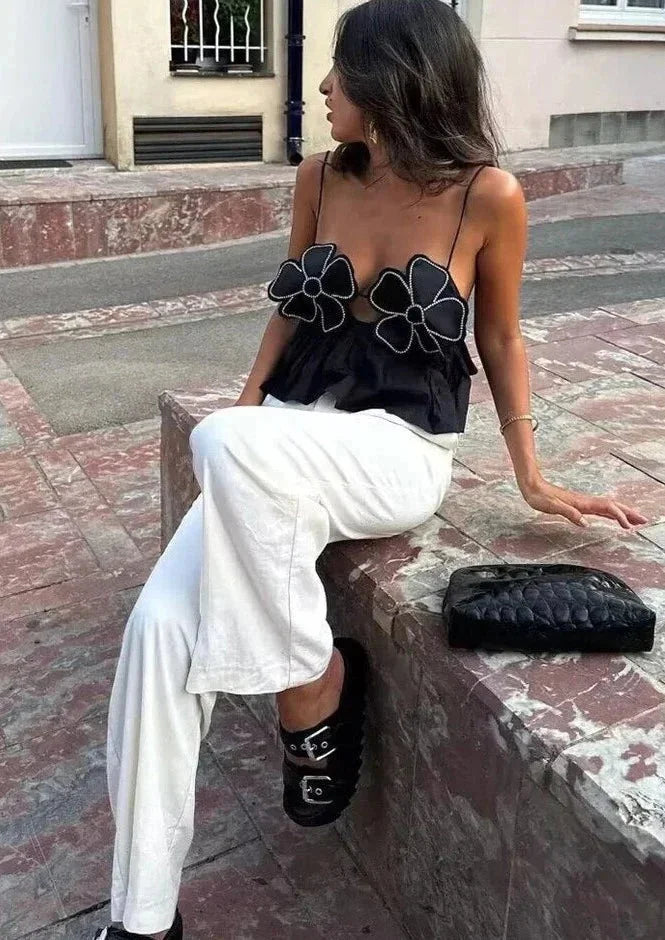 Floral applique crop top in white with intricate lace design and scalloped hem for women named Diana.