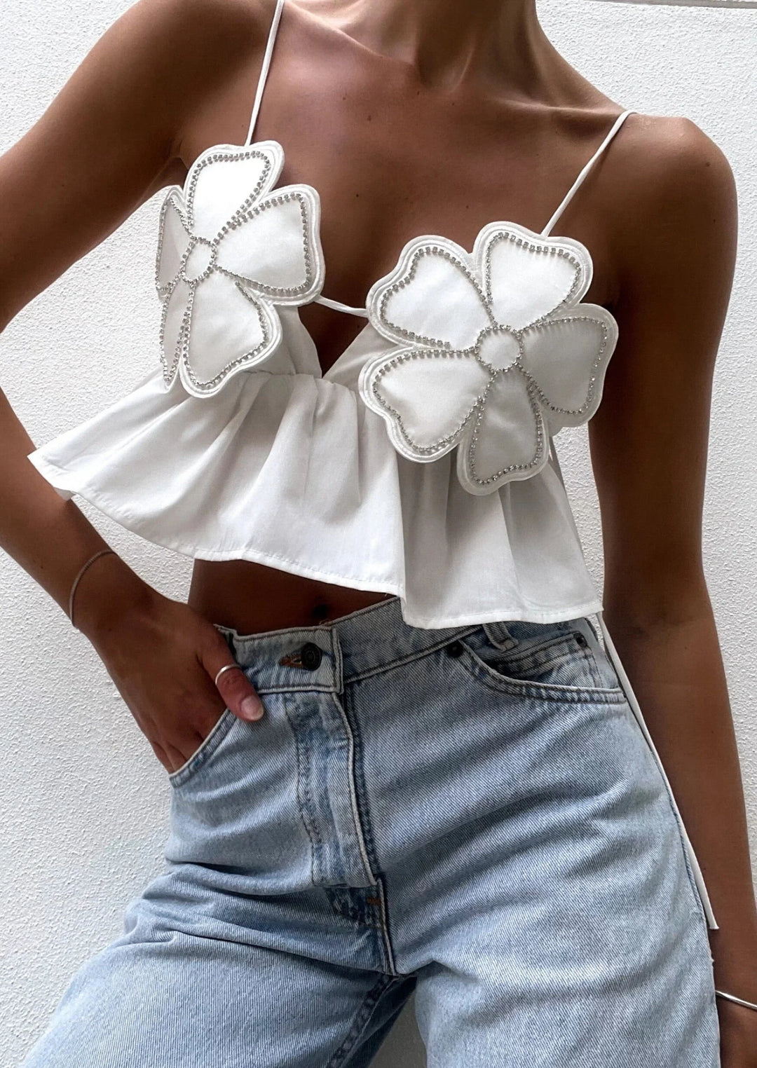 "Diana crop top with intricate floral applique design and delicate lace detailing."
