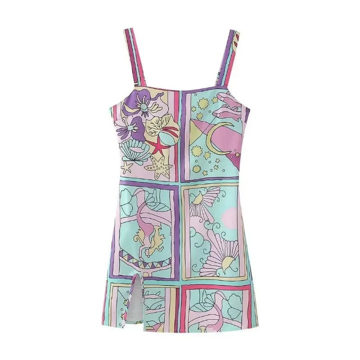 Sleeveless pastel mermaid print dress in Multi, featuring a whimsical underwater design with a blend of soft colors.