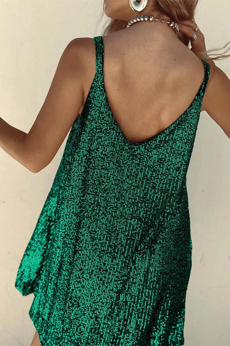 Sleeveless V-neck romper featuring intricate sequin detailing in black, with a flattering and stylish design.