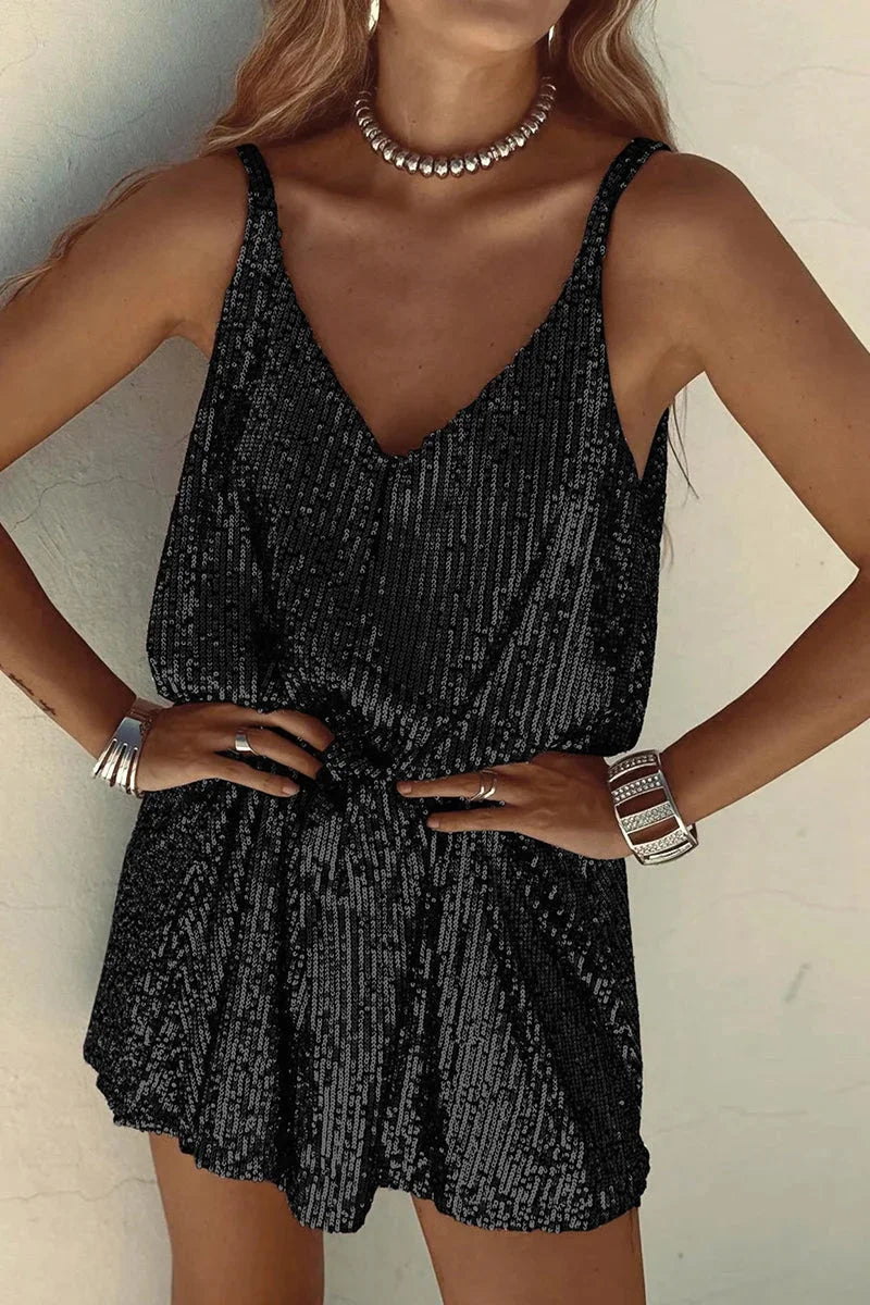 Sleek black romper with V-neck, sleeveless design, and captivating sequin details - perfect for a chic evening look.