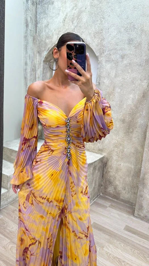Yellow pleated V-neck dress for women called Elisa, featuring a flowy design and made from comfortable fabric.