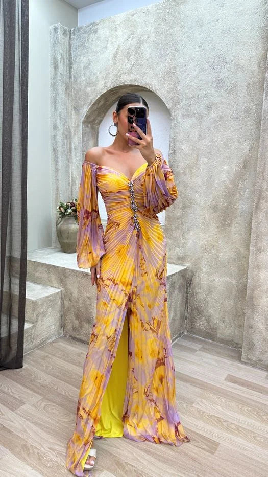 Yellow pleated V-neck dress for women with a flowy design, perfect for a casual event or a day out.