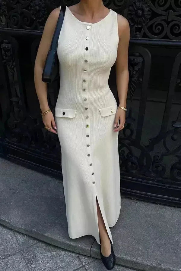 Beige sleeveless maxi dress with button detailing, perfect for warm weather.
