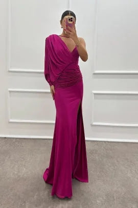 Ellieanna dress with one-shoulder design, side slit, made from soft polyester blend fabric, perfect for formal occasions.