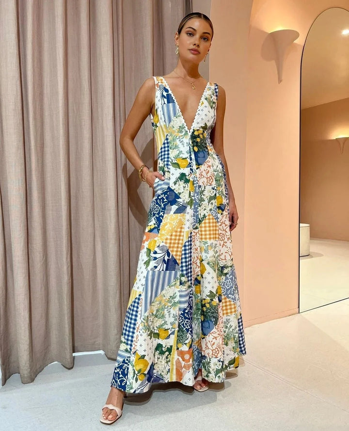 Sleeveless maxi dress in patchwork design with a subtle mix of textures and colors, perfect for a casual yet chic look.