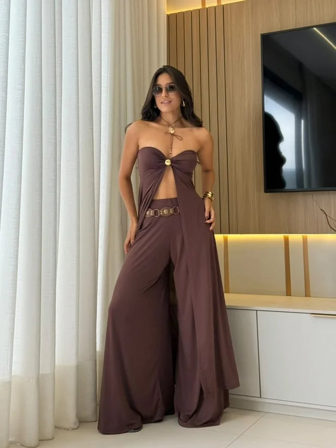 "Emerson two-piece set with palazzo pants and crop top in a soft, flowy fabric and a trendy design."