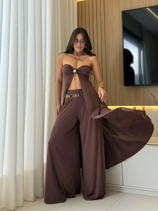 Brown two-piece palazzo and crop top set by Emerson, crafted in breathable cotton blend. Features a unique geometric pattern.