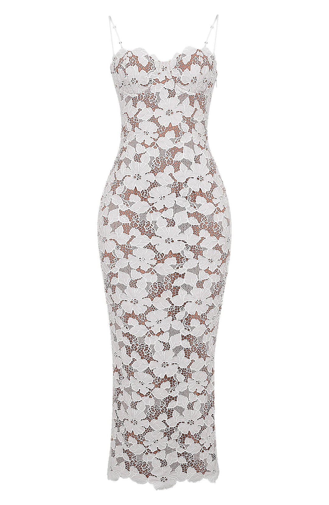 White floral lace spaghetti strap dress showcasing intricate lace details and delicate design.