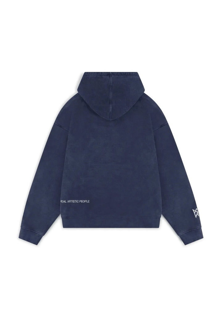 "Navy unisex hoodie with statement print, featuring comfortable cotton blend fabric and a versatile design."