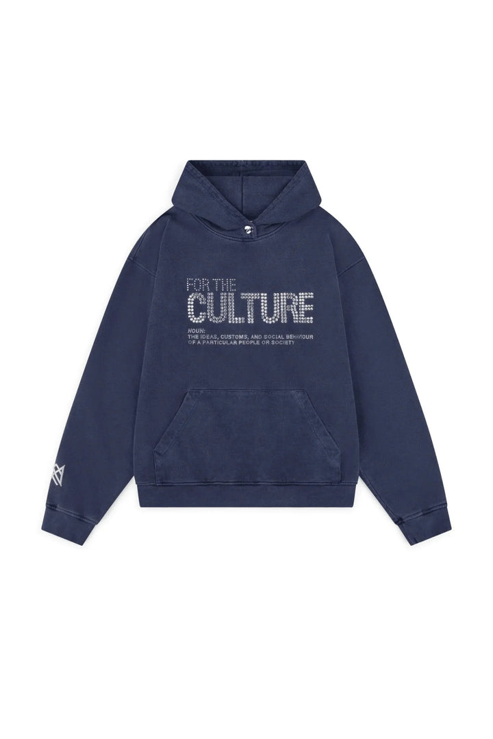 "Navy unisex hoodie with statement print featuring a cozy and versatile design."