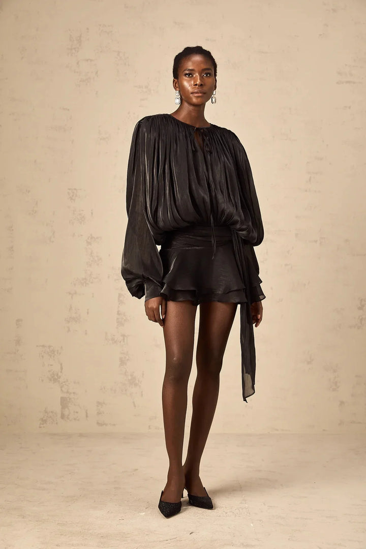 Satin mini dress with tie accents, flowing design, elegant style, for a sophisticated look.