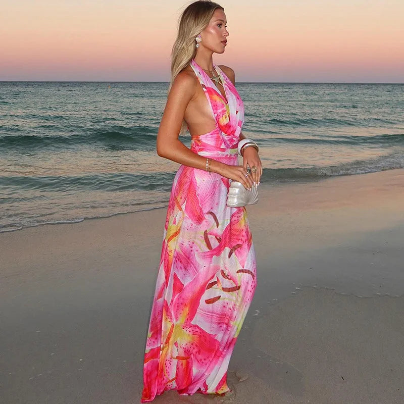 Geneva - Pink tie-neck backless halter maxi dress, featuring a flowing design in a lightweight and breathable fabric.