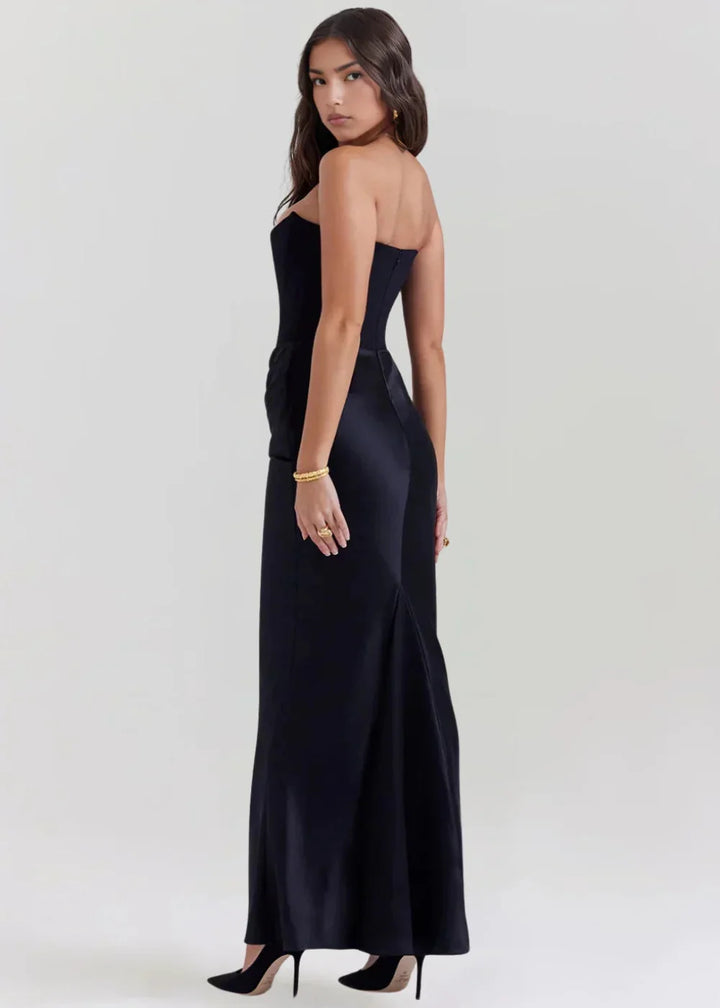 "Strapless evening attire with sleek design and flattering silhouette, perfect for formal events."