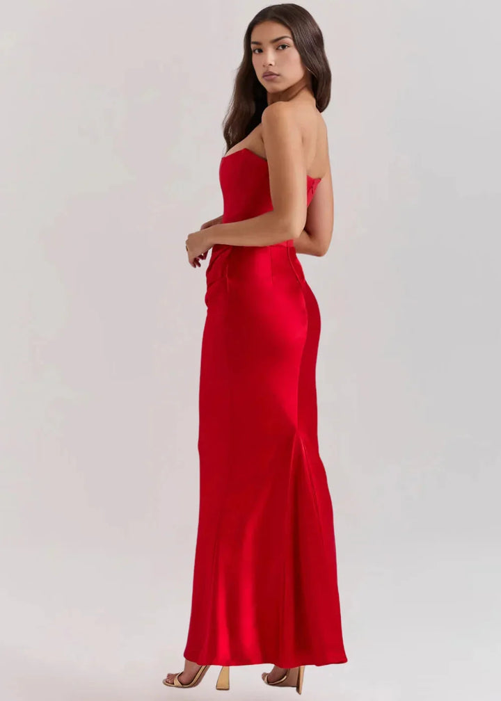 Strapless evening attire in sleek design, crafted from smooth satin fabric with a tailored fit.
