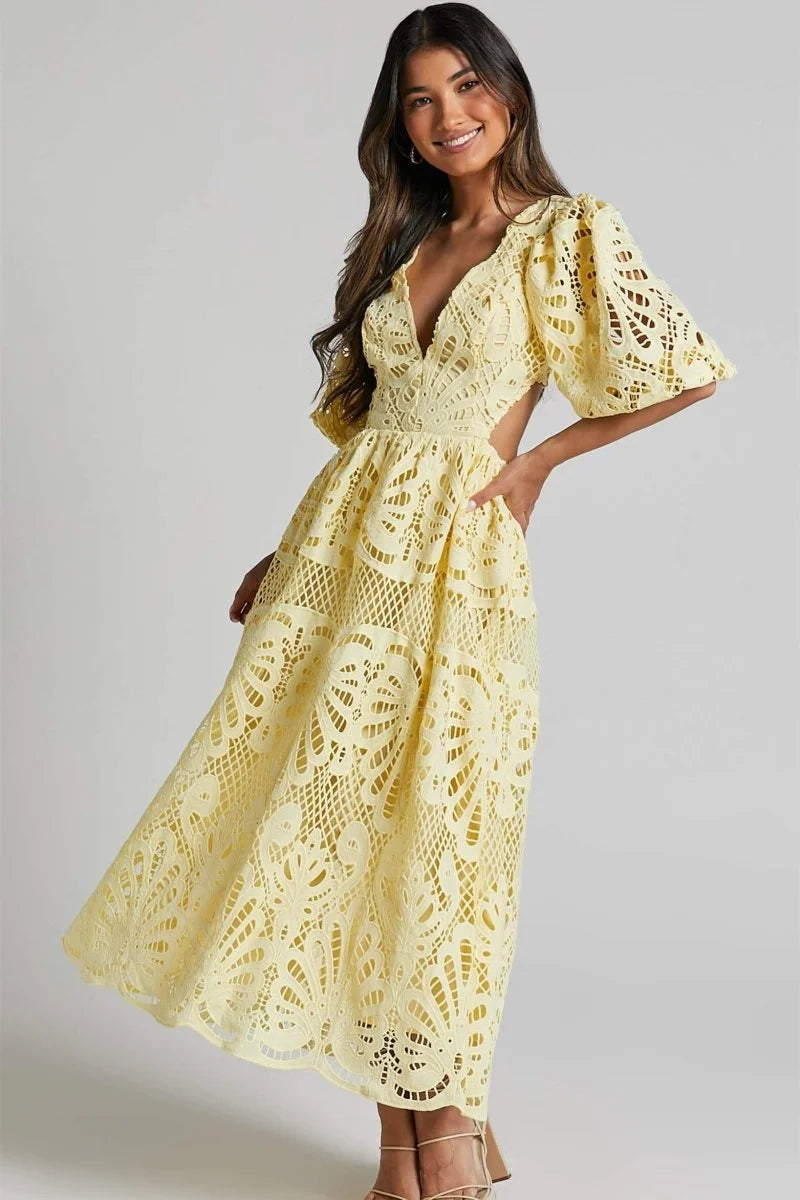 "Gracelynn Mid-length lace dress with V-neckline in soft white lace with intricate detailing and flattering silhouette"