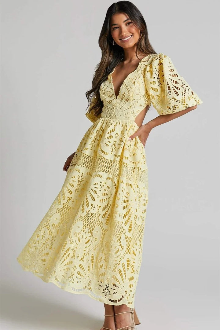 "Gracelynn Mid-length lace dress with V-neckline in soft white lace with intricate detailing and flattering silhouette"
