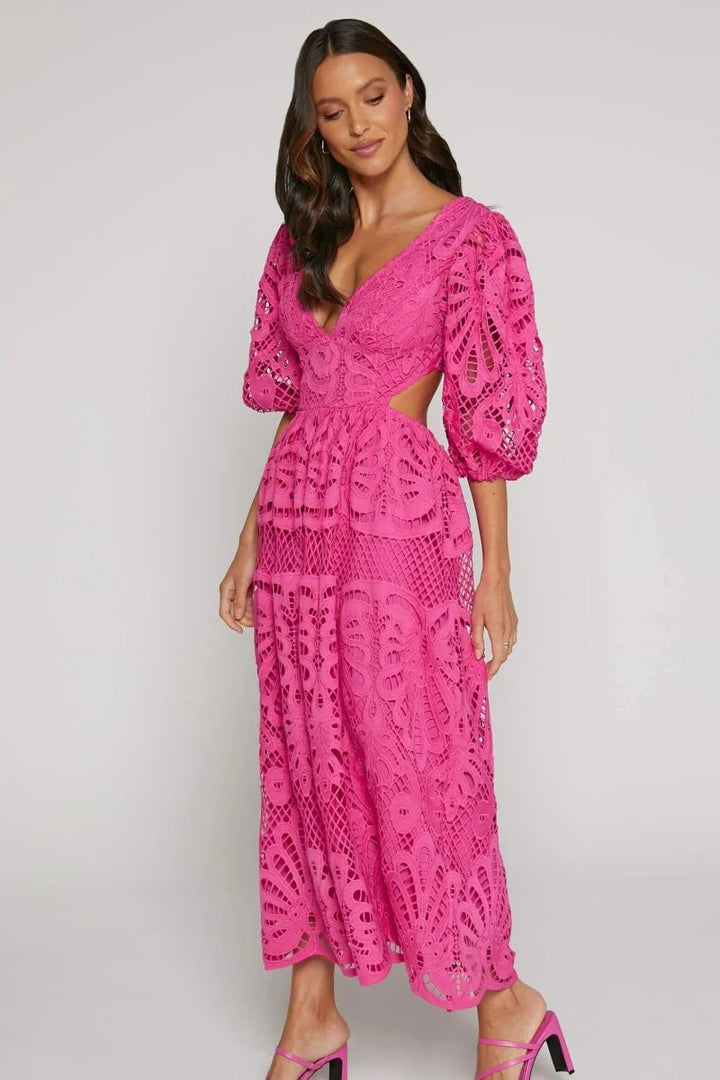 "Gracelynn lace dress in mid-length, showcasing a chic V-neckline design. Ideal for a sophisticated and elegant look."