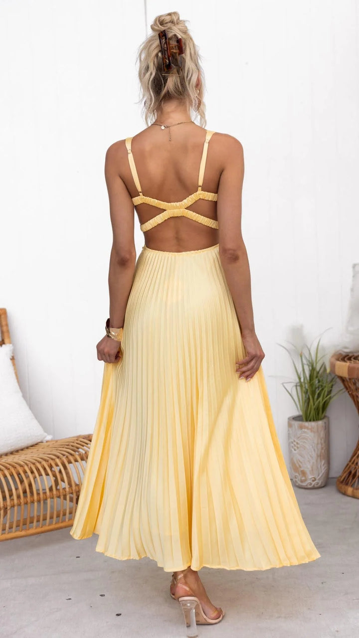 "Yellow maxi dress with v-neck crafted from lightweight and flowy fabric for a chic and stylish look"