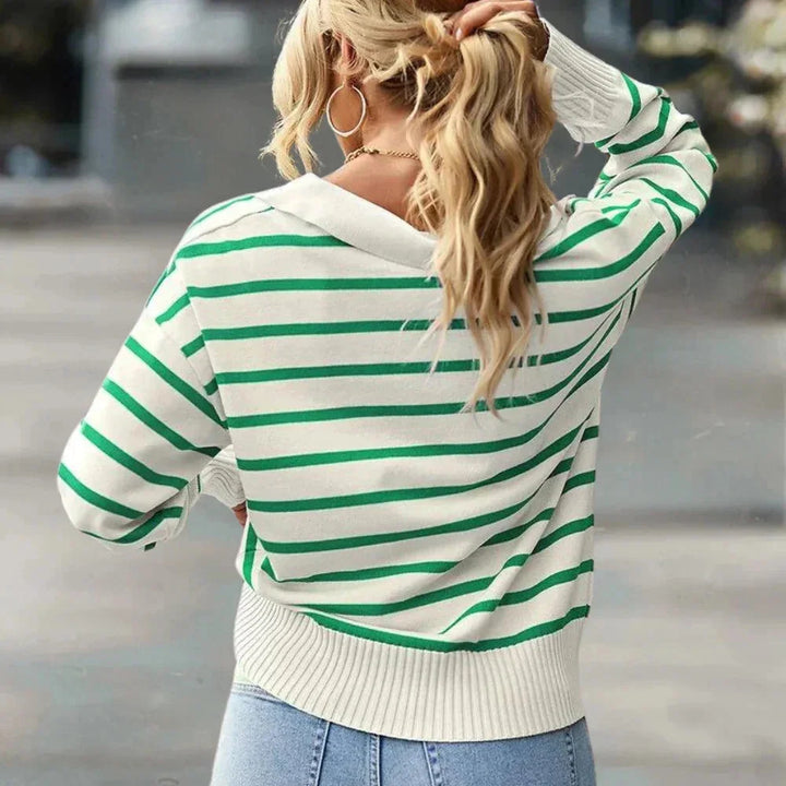 Striped zip-up collared pullover in Hala design, made with soft cotton blend fabric, perfect for a casual yet stylish look.