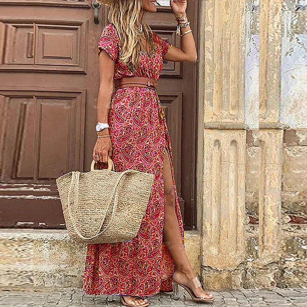 Dark Red V-neck maxi dress with floral print and belt. Made from lightweight fabric, perfect for a chic and casual look.
