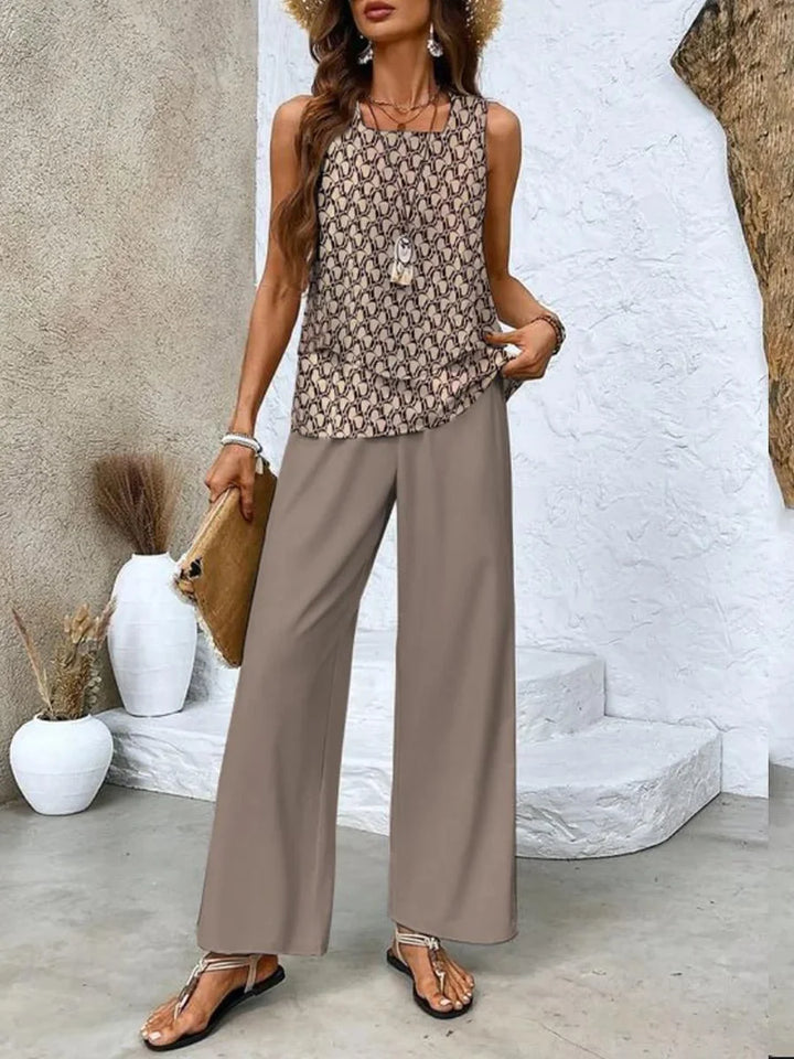 Brown sleeveless top with matching printed pants set in a soft and breathable fabric perfect for casual outings.