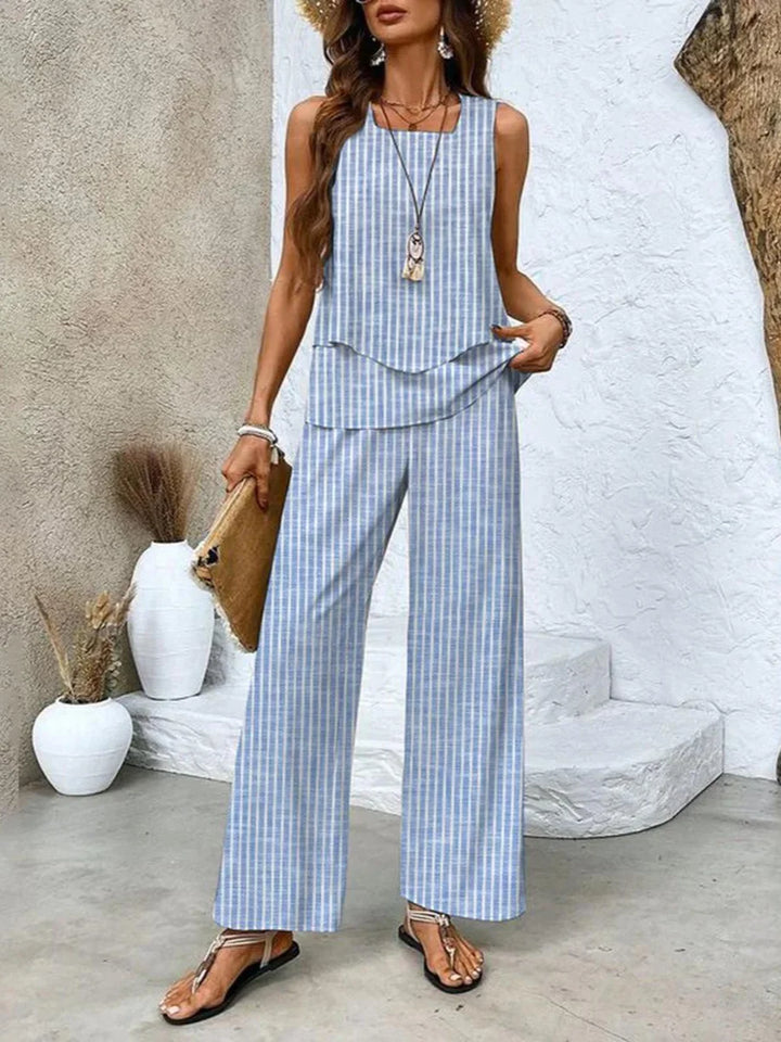 "Sleeveless striped top paired with matching printed pants in Hayden set, ideal for casual wear or lounging at home."