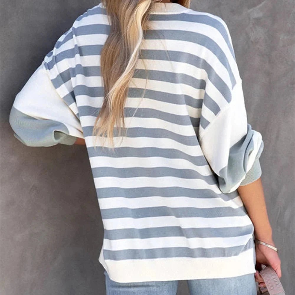 "Striped pullover in cool shades, crafted with a soft, comfortable material perfect for casual wear."