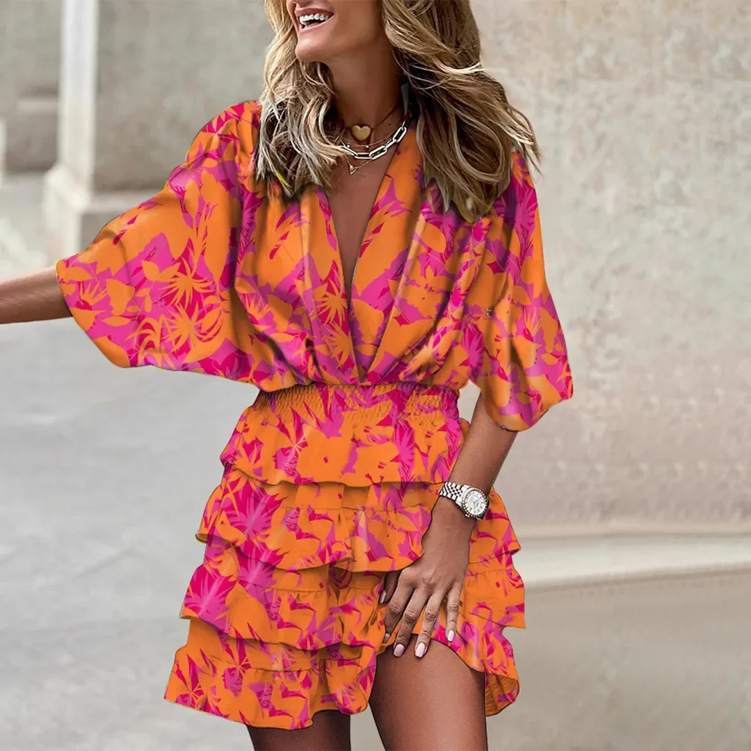Orange wrap mini dress with flared sleeves, a chic and stylish choice. Made of soft and comfortable fabric perfect for any…