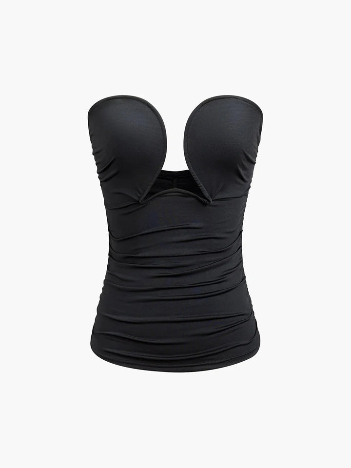 Black strapless top with sweetheart neckline by Honor. Sleek design with a flattering fit.