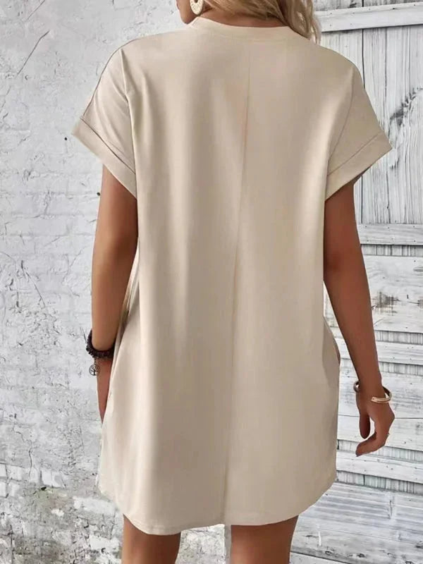 Ilani mini dress crafted from soft cotton blend with convenient pockets, designed for everyday comfort and practicality.