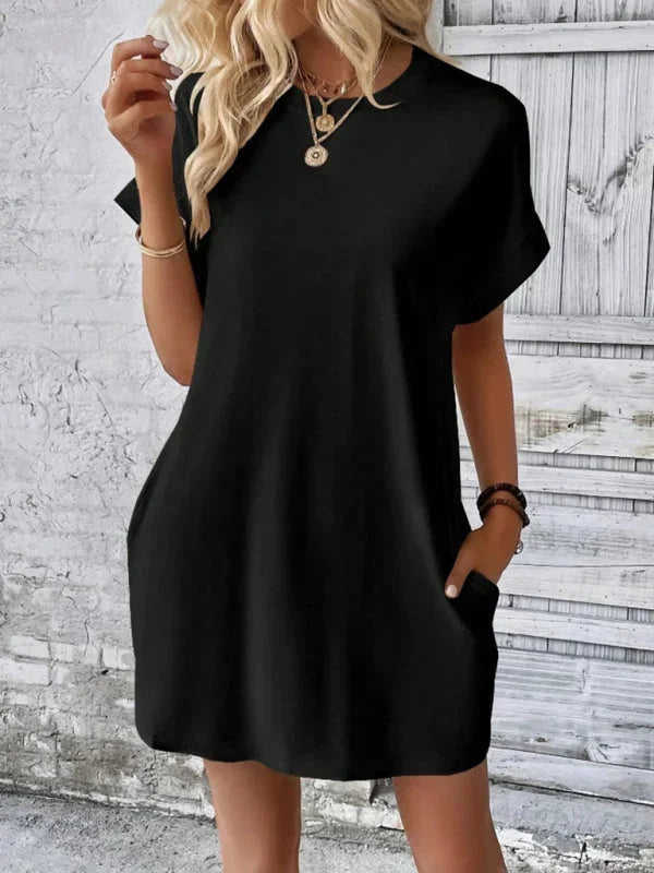 Ilani mini dress in soft cotton blend with handy pockets, perfect for all-day comfort and casual style.