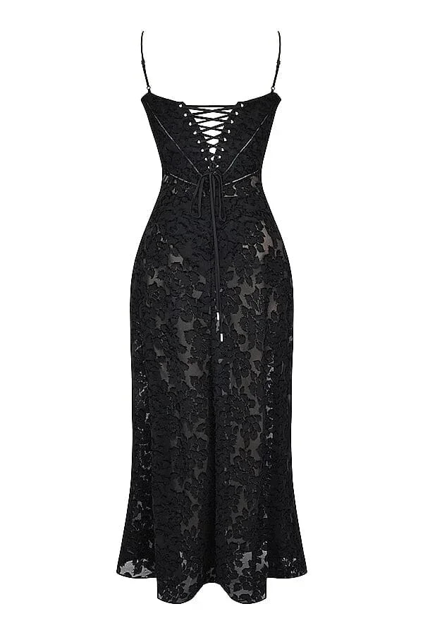 "Black floral lace maxi dress with spaghetti straps, perfect for special occasions."