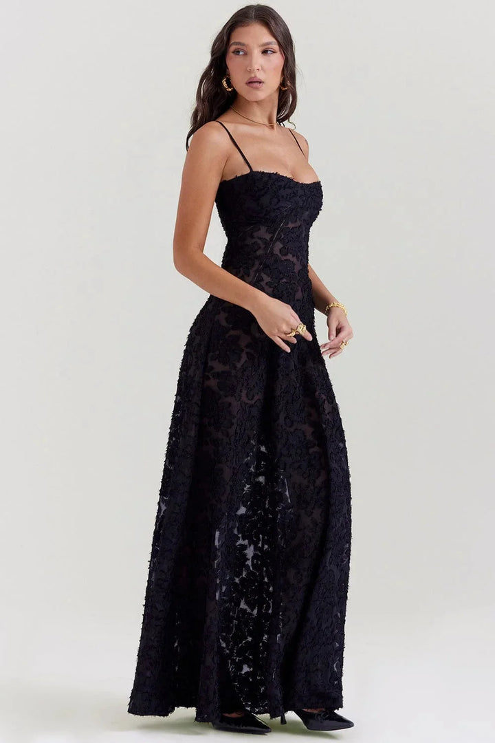 Black floral lace maxi dress with spaghetti straps, perfect for an elegant look.
