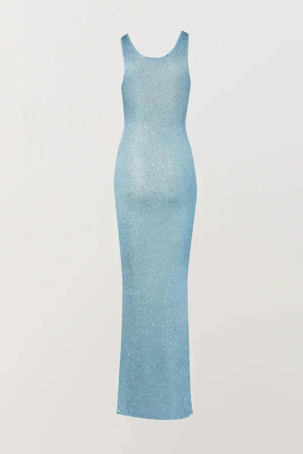 "Sleeveless fitted maxi dress in icy blue, featuring a soft and breathable fabric with a flattering silhouette perfect for…