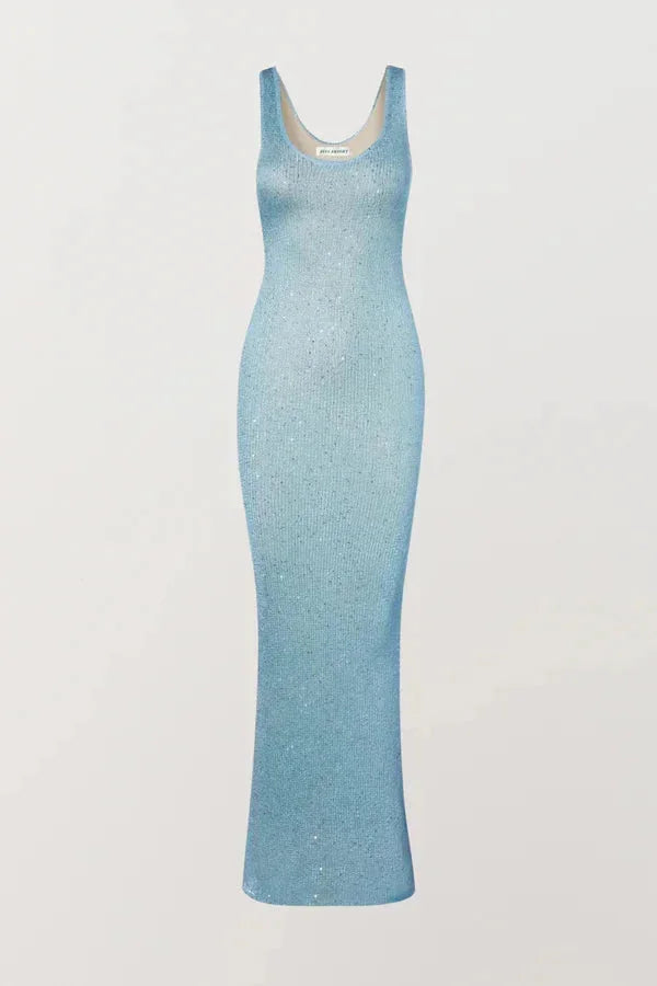 Sleeveless fitted maxi dress in icy blue, featuring a V-neck, perfect for summer days.