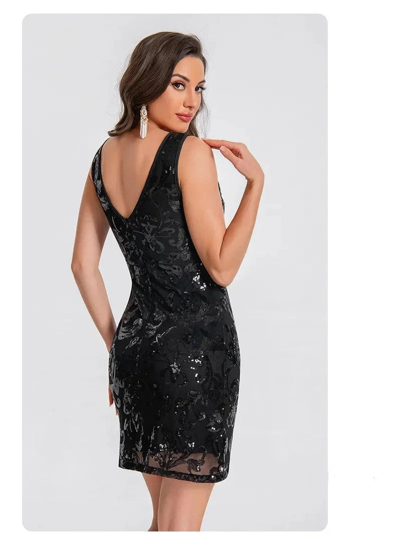 "Isabell sleeveless sequin cocktail dress in shimmering gold, fitted silhouette with scoop neckline and chic sequin…
