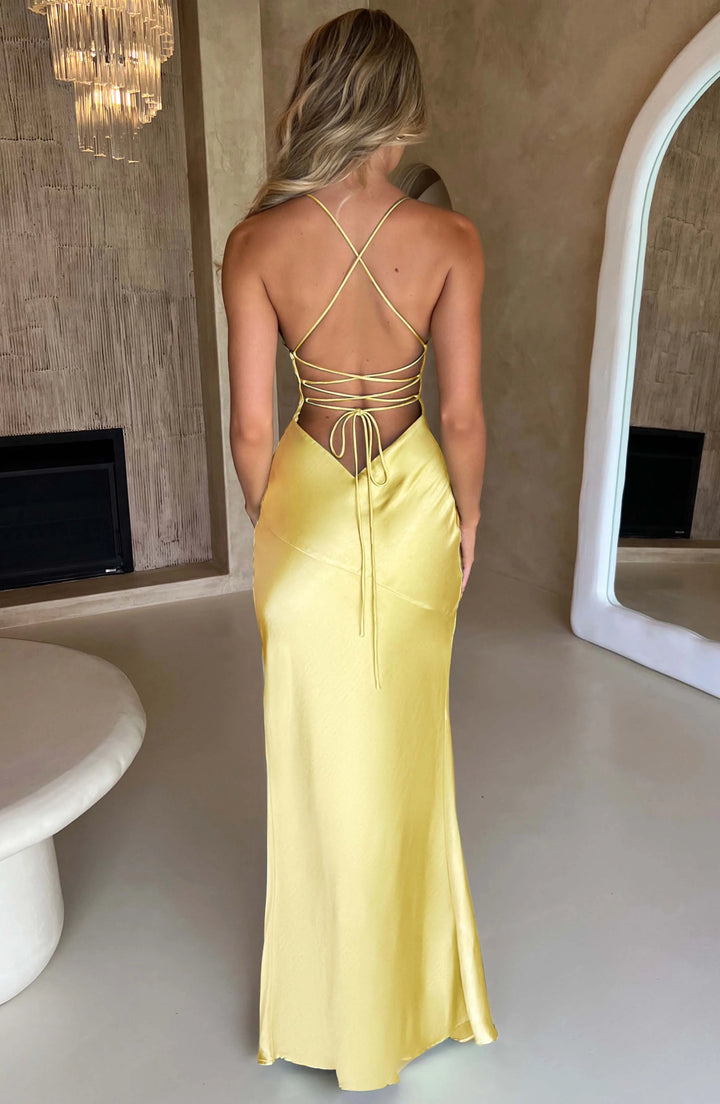 Isha - Women's V-neck satin maxi dress in navy blue, featuring side slit and adjustable straps for a chic and elegant look.