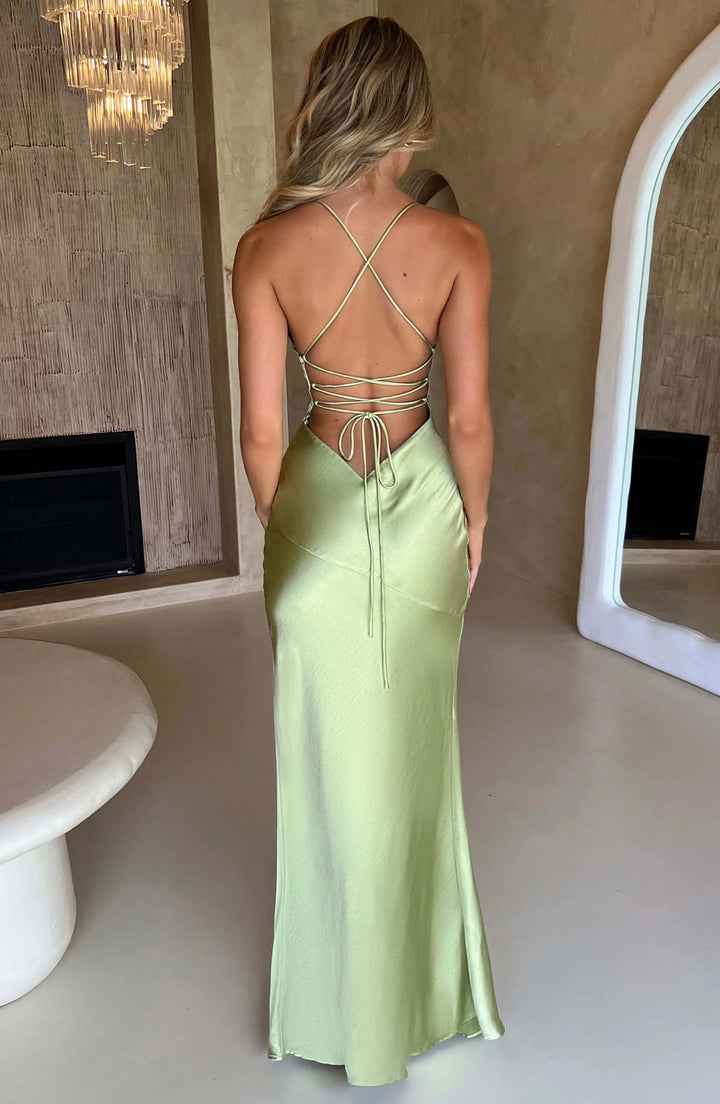 "Women's V-neck satin maxi dress in elegant navy blue, perfect for special occasions or evenings out."