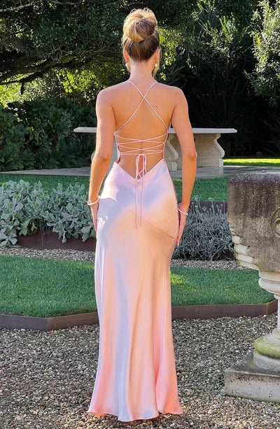 "Women's V-neck satin maxi dress in mocha, featuring a flowy silhouette, perfect for formal events or special occasions."