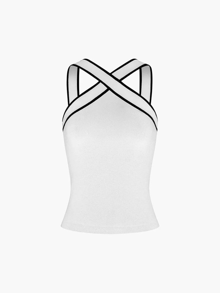 Black tank top with crisscross straps for women. Soft cotton blend material with a unique and stylish design. Perfect for…