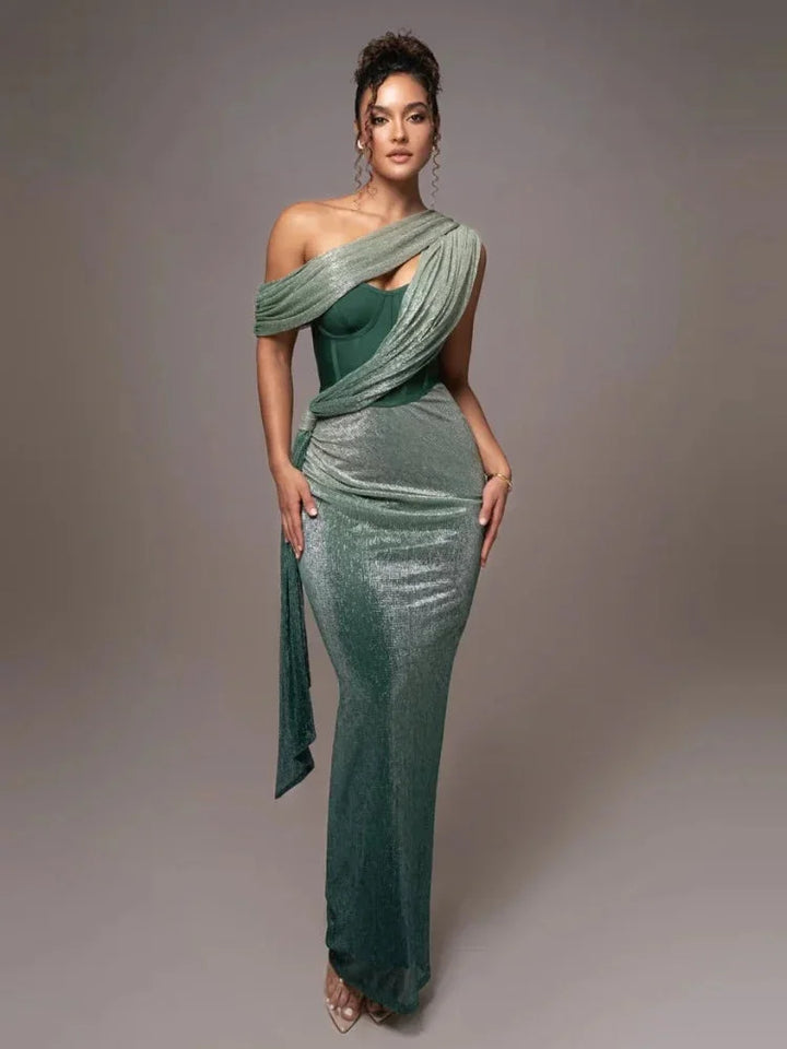 Asymmetric shimmering evening dress with a flowing silhouette and sparkling fabric perfect for formal events.