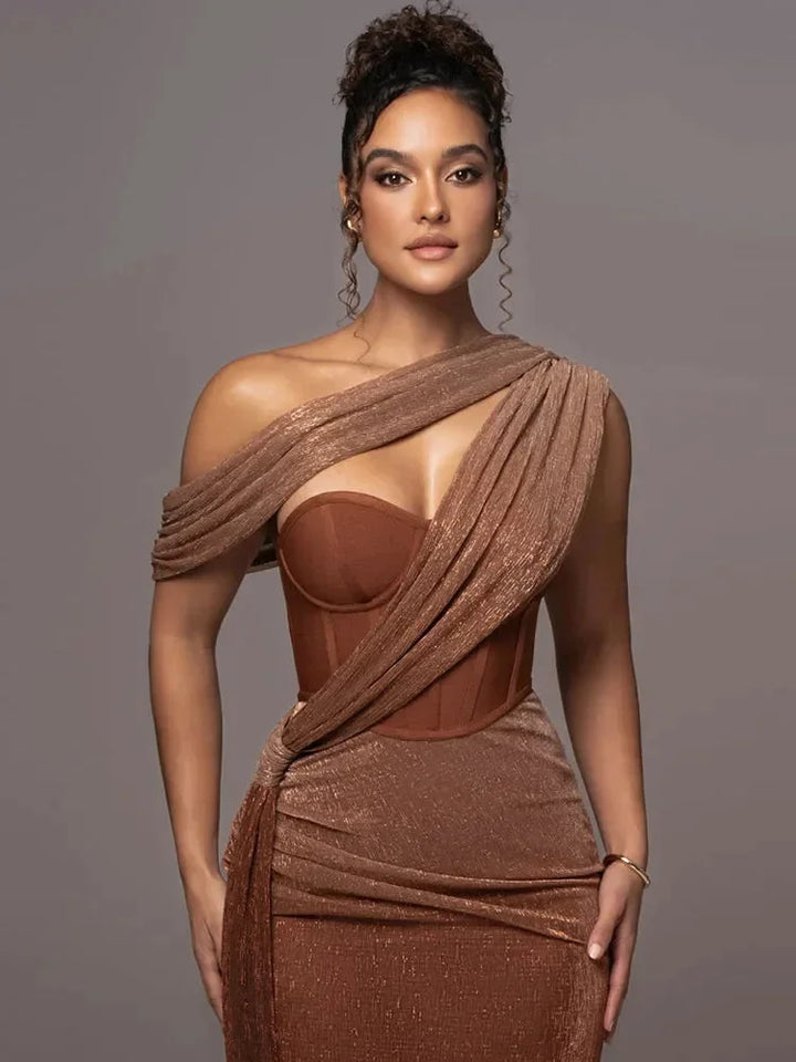 Black shimmering evening dress with an asymmetrical hem, perfect for special occasions.