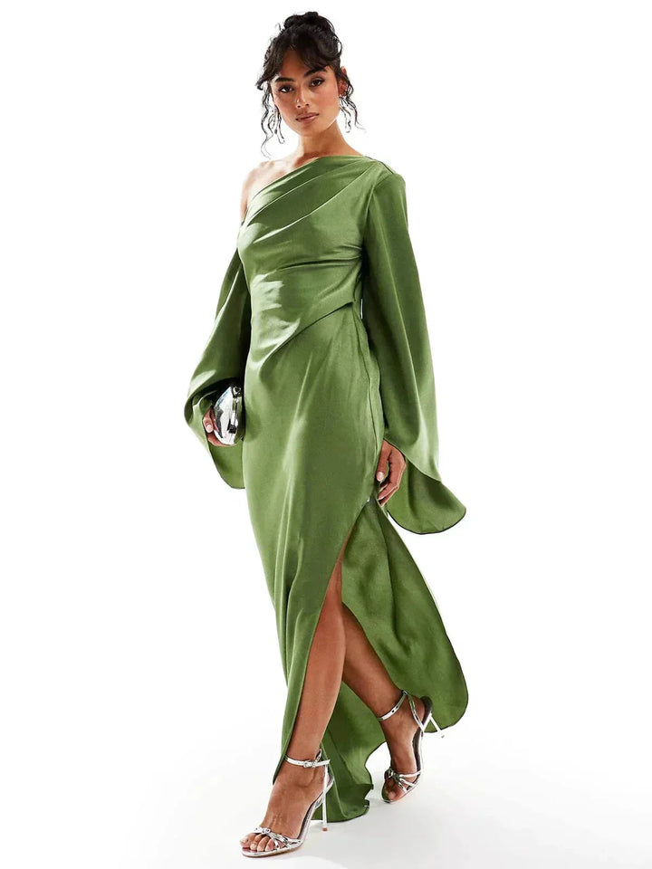 "Olive off-shoulder dress with side slit, made of soft fabric, perfect for a casual yet stylish look."